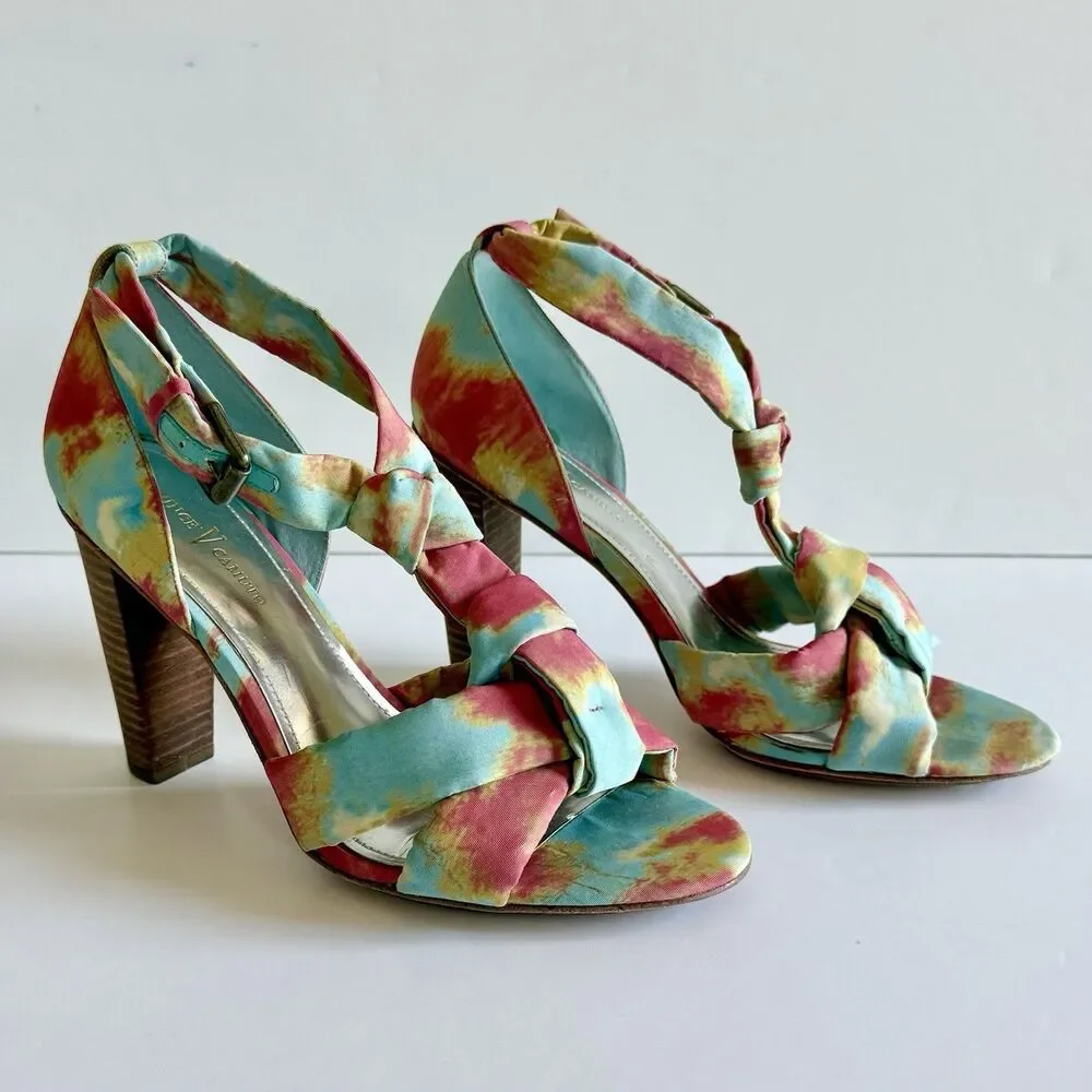Vince Camuto Tie Dye Fabric Buckle Sandals High Block Heels Women's Size 9.5B